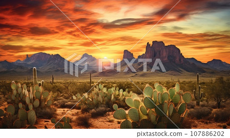 Wild West Texas desert landscape with sunset with mountains and cacti. 107886202