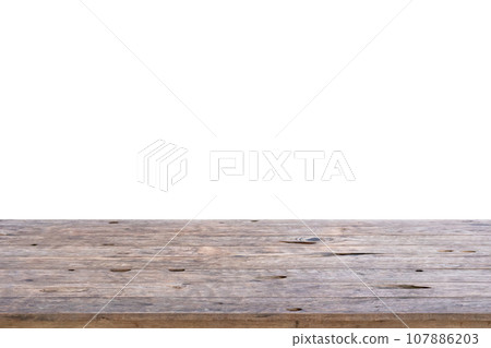 Empty wooden table top isolated on white background for montage product display 107886203
