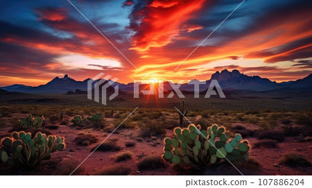 Wild West Texas desert landscape with sunset with mountains and cacti. 107886204