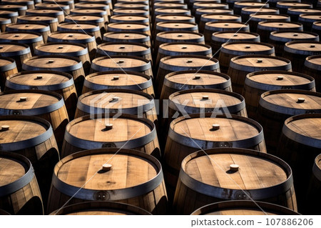 Wooden oak Port barrels in neat rows 107886206
