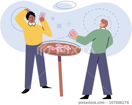 Friends playing cards standing at table, young people having good time together at home or cafe at weekend. Happy people resting with gambling. Friendly family games. Entertainment, friendship 107886278