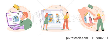 Buying and choosing housing. Vector illustration The purchase residential property marked new chapter in buyers life The business flourished in its new building, attracting more customers Choosing 107886381