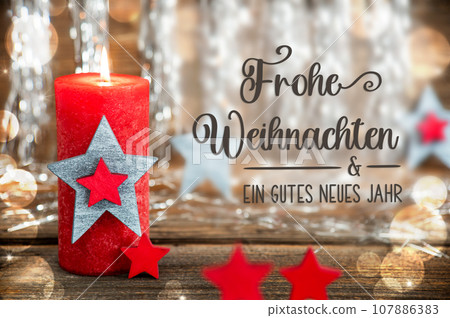 Text Frohe Weihnachten, Means Merry Christmas, With Candle, Christmas Background Text Frohe Weihnachten, Means Merry Christmas, With Candle, Christmas Background 107886383