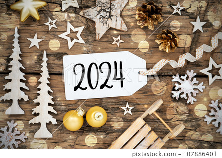 Rustic Wooden Christmas Background, Bokeh, Label With Text 2024 Rustic Wooden Christmas Background, Bokeh, Label With Text 2024 107886401