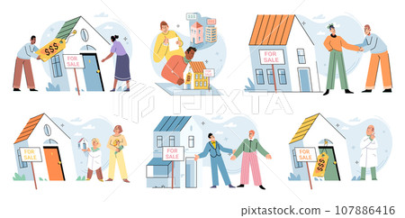 Buying and choosing housing. Vector illustration The apartment was available for rent The sale property was finalized The buyer decided to invest in real estate The purchase house was wise investment 107886416