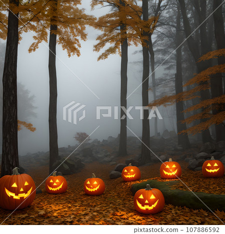 Halloween pumpkin stone outside forest Halloween pumpkin stone outside forest 107886592