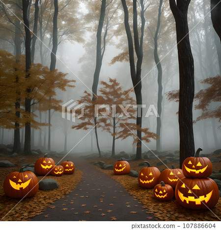 Halloween pumpkin stone outside forest  107886604