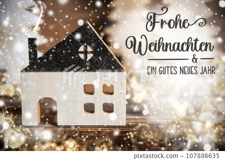 Text Frohe Weihnachten, Means Merry Christmas, House, Christmas Background Text Frohe Weihnachten, Means Merry Christmas, House, Christmas Background 107886635