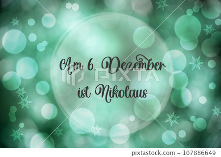 Text Nikolaus 6.12., Means Happy Nikolaus, Turquoise Christmas Background Text Nikolaus 6.12., Means Happy Nikolaus, Turquoise Christmas Background 107886649