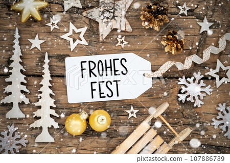 Text Frohes Fest, Means Happy Holidays, Rustic Wooden, Golden Christmas Decor Text Frohes Fest, Means Happy Holidays, Rustic Wooden, Golden Christmas Decor 107886789