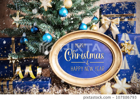 Text Merry Christmas And Happy New Year In Golden Frame, Christmas Background Text Merry Christmas And Happy New Year In Golden Frame, Christmas Background 107886793