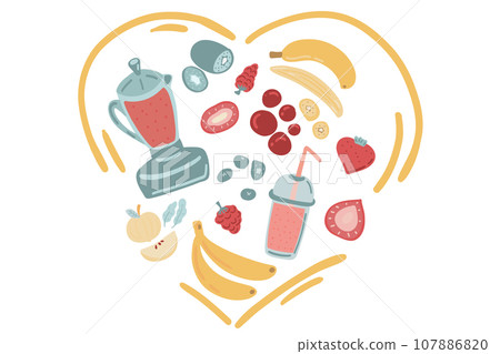 Healthy smoothies breakfast hand drawn set with berries and fruits Healthy smoothies breakfast hand drawn set with berries and fruits 107886820