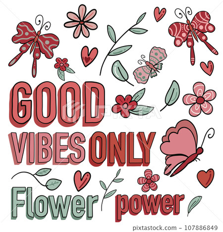 Groovy set with flowers and butterflies good vibes only Groovy set with flowers and butterflies good vibes only 107886849