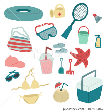 Summer beach set hand drawn vector Summer beach set hand drawn vector 107886867