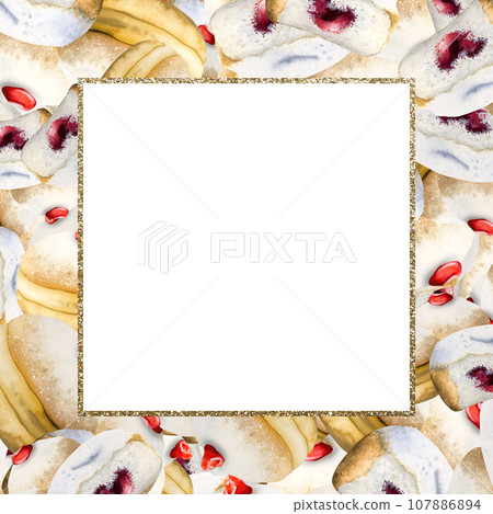 Hanukkah sufganiyot donuts watercolor square frame of Jewish traditional holiday dessert on white background 107886894