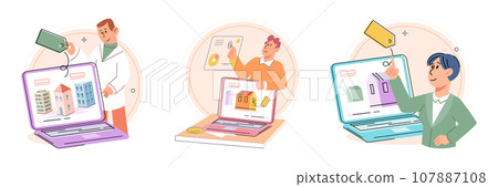 House for sale. Vector illustration Buying residential property involved negotiations with seller and real estate agents The buying house concept symbolized stability and roots The property House for sale. Vector illustration Buying residential property involved negotiations with seller and real estate agents The buying house concept symbolized stability and roots The property 107887108