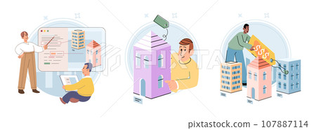 Buying and choosing housing. Vector illustration The house became cozy home for family The property had spacious backyard The real estate agent helped secure mortgage for purchase The apartment Buying and choosing housing. Vector illustration The house became cozy home for family The property had spacious backyard The real estate agent helped secure mortgage for purchase The apartment 107887114