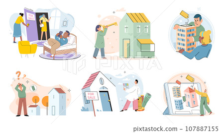 Real estate search. Vector illustration Buying residential property involved negotiating purchase price People looking for home relied on real estate search concept to find available listings Real estate search. Vector illustration Buying residential property involved negotiating purchase price People looking for home relied on real estate search concept to find available listings 107887155