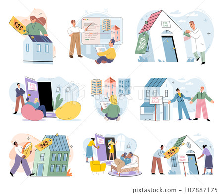 Real estate search. Vector illustration The property with mortgage offered individuals opportunity to build wealth Buyers sought professional advice when considering new home purchase Renting Real estate search. Vector illustration The property with mortgage offered individuals opportunity to build wealth Buyers sought professional advice when considering new home purchase Renting 107887175