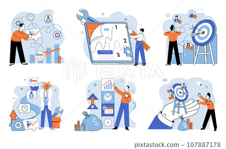 Business development. Vector illustration. Skillful management is vital for team cohesion and productivity Finding right profession requires self-discovery and exploration Job seekers navigate 107887178