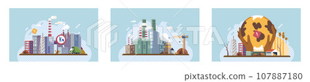 Industrial pollution. Dirty waste. Environmental pollution. Vector illustration. Factory emitting smoke is common sight near industrial zones Toxic waste chemicals are being dumped into rivers 107887180
