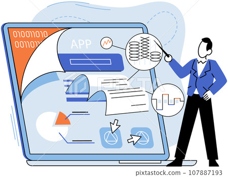 Application testing metaphor. Vector illustration. Application testing, meticulous process to ensure flawless user experiences App test, litmus paper of apps performance Software testing, guardiangel 107887193