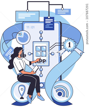 Application testing metaphor. Vector illustration. App test, challenge course for testing apps limits Software testing, broom that sweeps away coding errors Application testing, detector identifying Application testing metaphor. Vector illustration. App test, challenge course for testing apps limits Software testing, broom that sweeps away coding errors Application testing, detector identifying 107887201