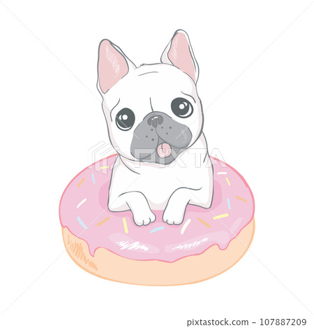 Cute bulldog and a donut on an isolated white background. Cute bulldog and a donut on an isolated white background. 107887209