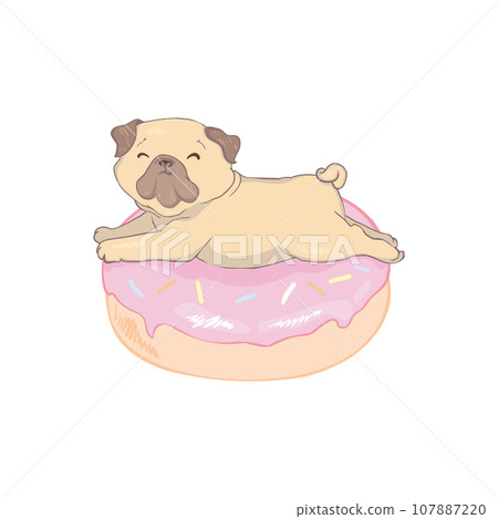 Creative conceptual still life illustration. Pug dog with donut. 107887220