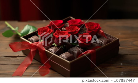 Box chocolates with red flowers Box chocolates with red flowers 107887447