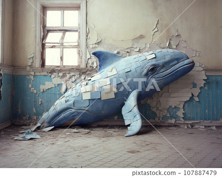 Crack art of blue whale in the wall Crack art of blue whale in the wall 107887479