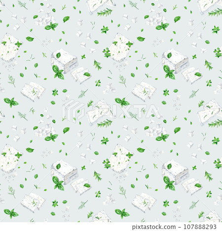 Seamless pattern with greek feta cheese and herbs. Hand drawn watercolor illustration for wallpaper fabric textile 107888293