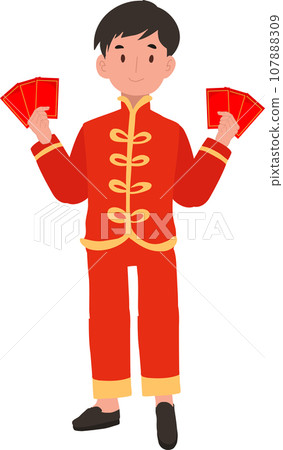 Cute Little kid in Traditional Chinese Attire Holding Red Envelope. Happy Chinese new year. Cute Little kid in Traditional Chinese Attire Holding Red Envelope. Happy Chinese new year. 107888309