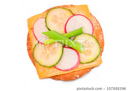 Fresh Cucumber and Radish with Green Onions and Cheese on Crispy Cracker Fresh Cucumber and Radish with Green Onions and Cheese on Crispy Cracker 107888396