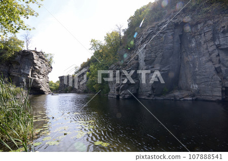 View of rocks and the river of the Buksky canyon, Ukraine 107888541