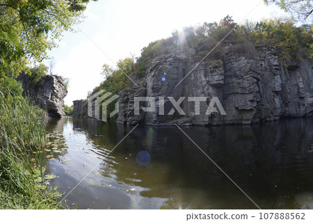 View of rocks and the river of the Buksky canyon, Ukraine 107888562