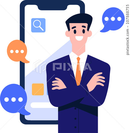 Hand Drawn Businessman with smartphone in online business concept in flat style Hand Drawn Businessman with smartphone in online business concept in flat style 107888755