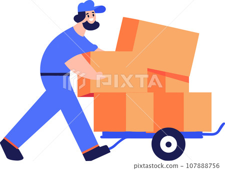 Hand Drawn a delivery man is delivering a package to a customer in flat style 107888756