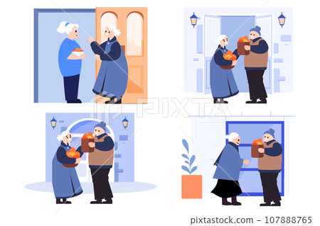 Hand Drawn Elderly people talking in front of the house in flat style Hand Drawn Elderly people talking in front of the house in flat style 107888765