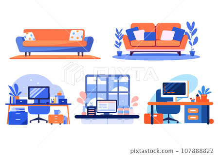 Hand Drawn Bedroom and office furniture in flat style 107888822