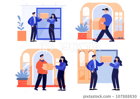 Hand Drawn a delivery man is delivering a package to a customer in flat style 107888830