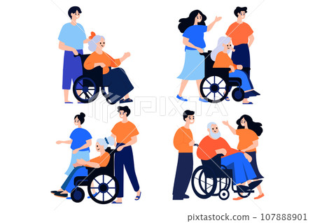 Hand Drawn Elderly person sitting in a wheelchair and child in flat style Hand Drawn Elderly person sitting in a wheelchair and child in flat style 107888901