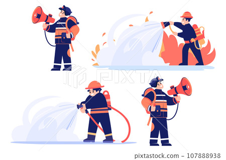 Hand Drawn Firefighter character extinguishing fire in flat style 107888938