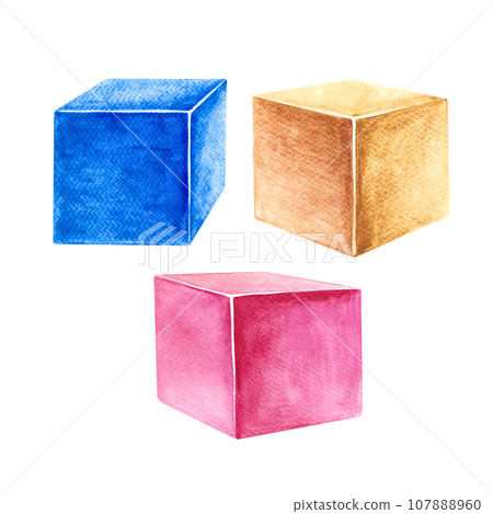 A set of children's cubes. Pink, yellow and blue. A child's toy. Handmade watercolor illustration. Isolate. For compositions of postcards, banners, stickers and decorations, labels, packaging. 107888960