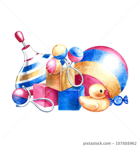 Children's toys ball, spinning top, cubes, yellow duck and rattles. Handmade watercolor illustration. For the design of children's book, postcards and flyers. For labels, packaging of children's goods 107888962