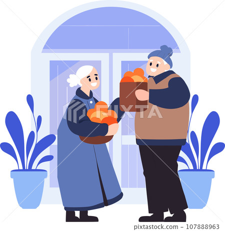 Hand Drawn Elderly people talking in front of the house in flat style Hand Drawn Elderly people talking in front of the house in flat style 107888963