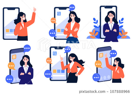 Hand Drawn Business woman with smartphone in online business concept in flat style Hand Drawn Business woman with smartphone in online business concept in flat style 107888966