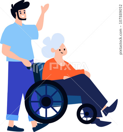 Hand Drawn Elderly person sitting in a wheelchair and child in flat style Hand Drawn Elderly person sitting in a wheelchair and child in flat style 107889052