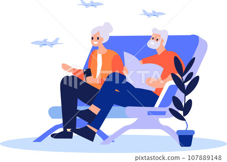 Hand Drawn Elderly couple sitting on a plane to travel in flat style 107889148