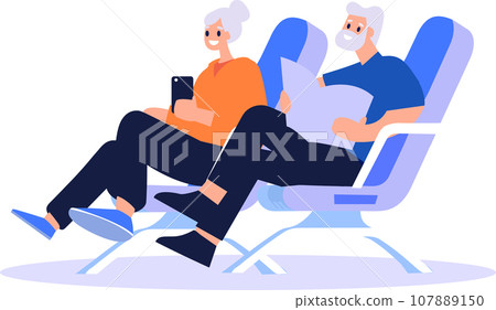 Hand Drawn Elderly couple sitting on a plane to travel in flat style Hand Drawn Elderly couple sitting on a plane to travel in flat style 107889150
